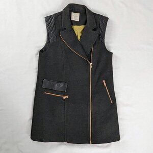 Zara Longline Wool Moto Zip Quilted Faux Leather Shoulder Long Vest Jacket